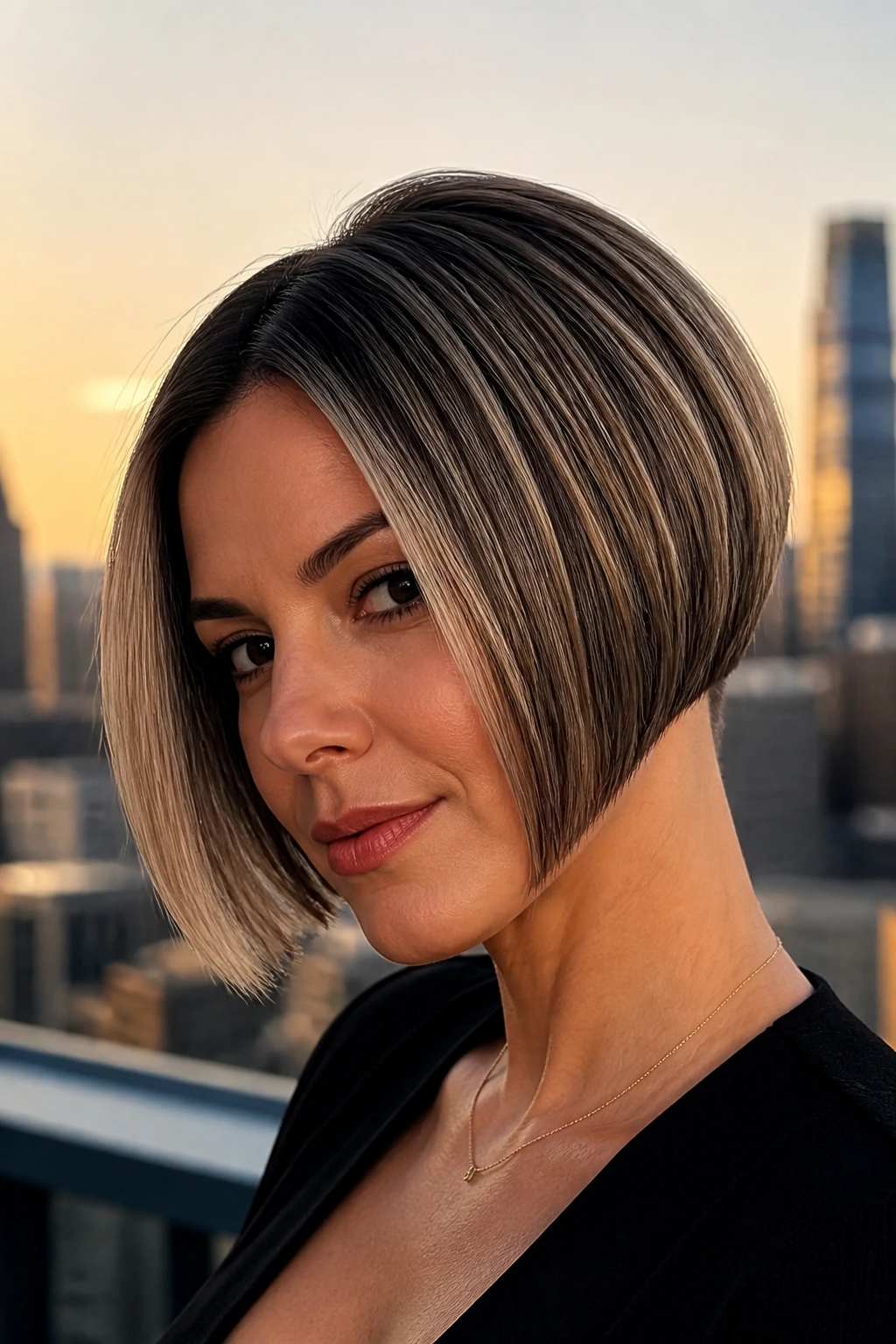 Real woman with micro-inverted bob and silver babylights against city dusk backdrop