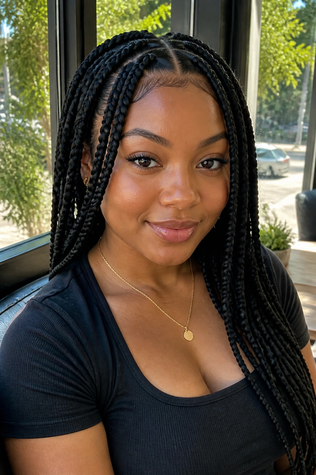 Close-up of sharp middle-part braids with rounded front