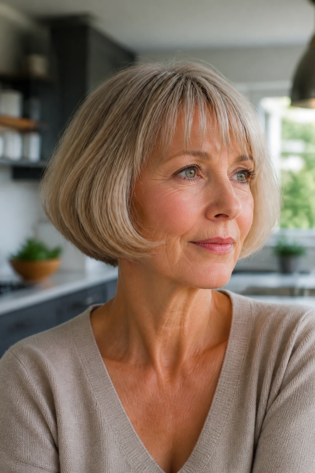 Portrait of a woman with a crisp, sharp pageboy perimeter
