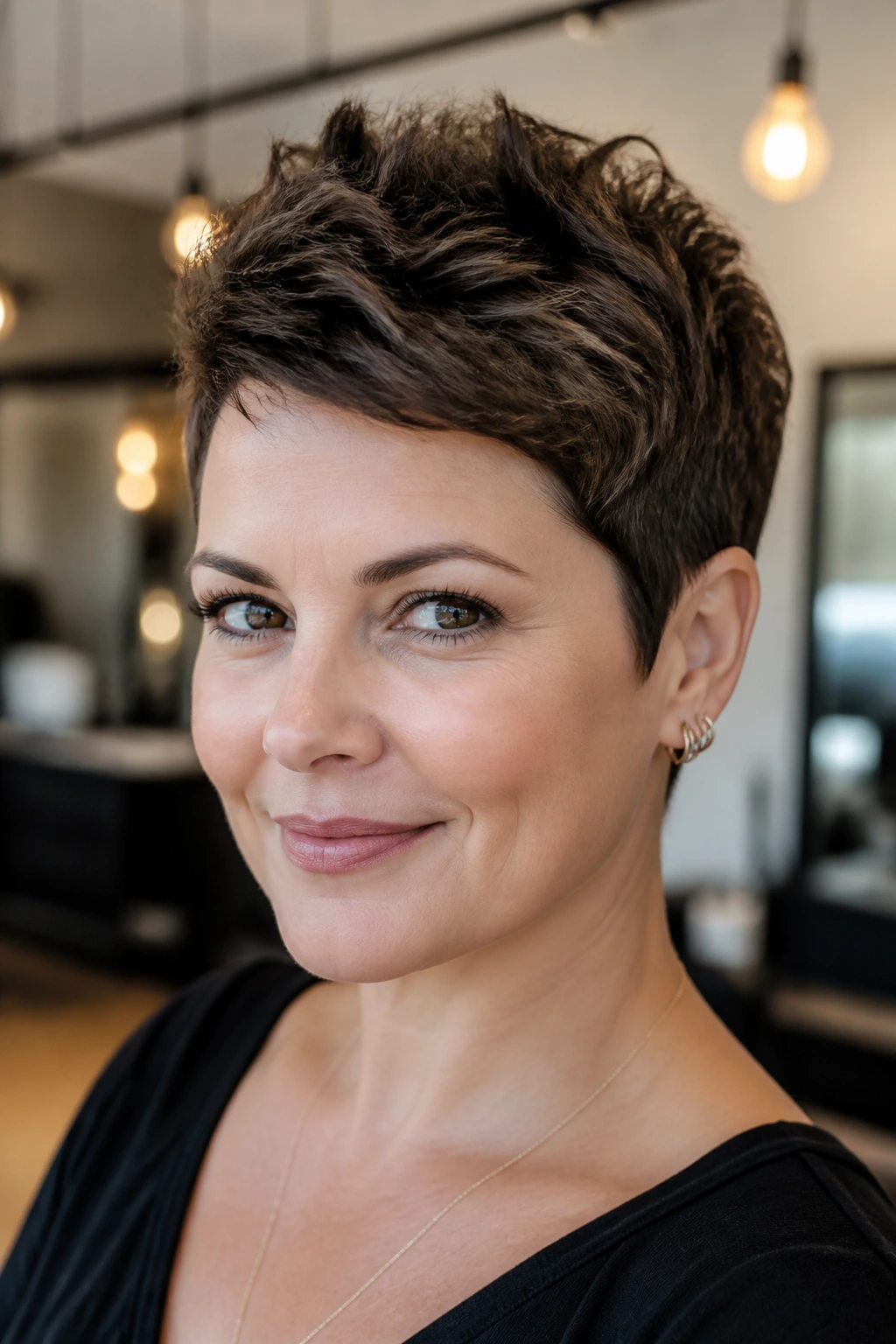 Real person with a sharp pixie cut displaying clean edges and crown lift