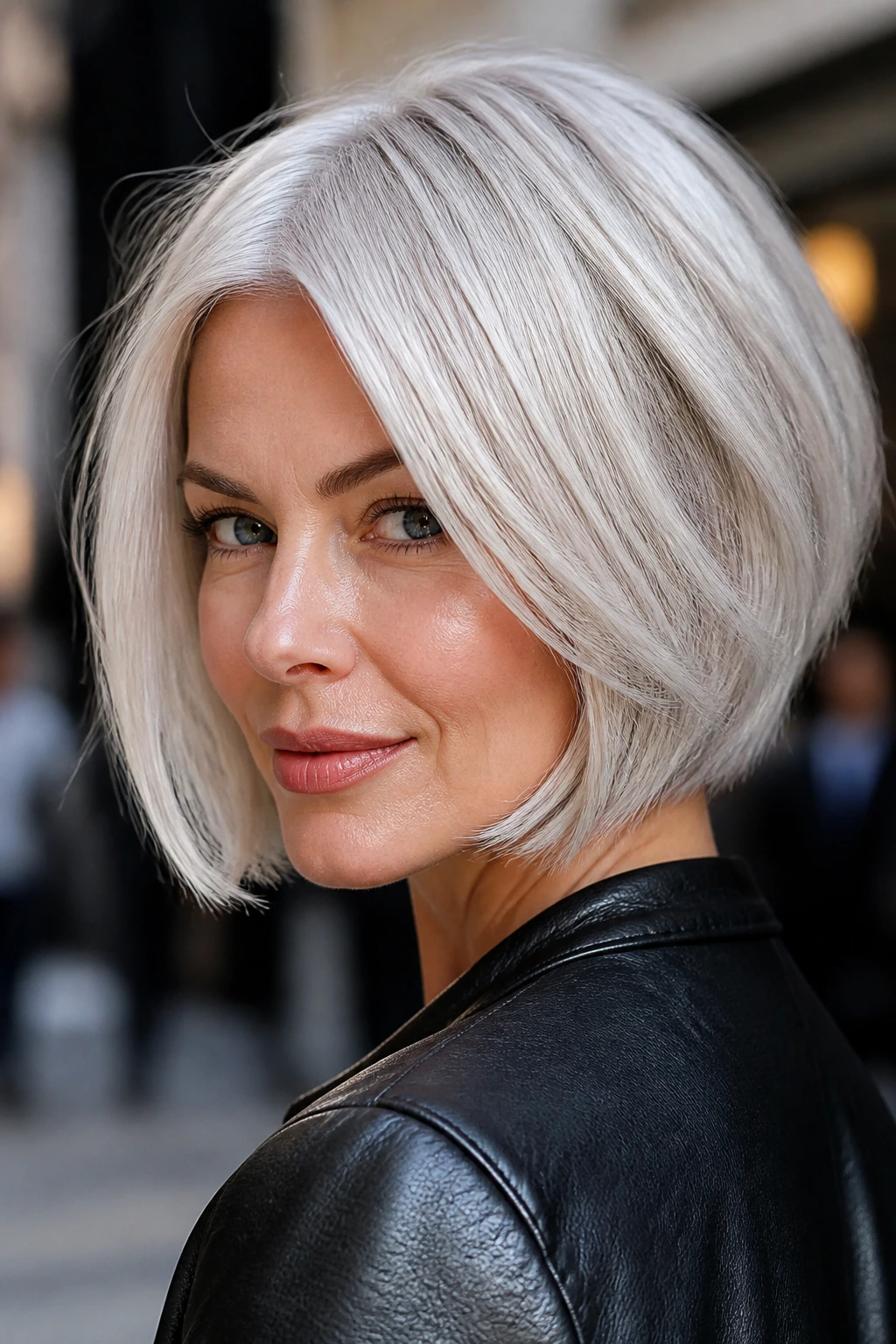 Silver-blonde bob on a real woman in daylight