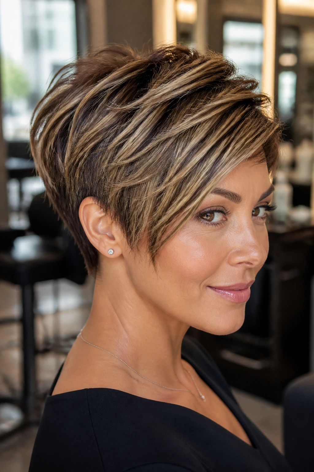 Portrait of real person with sharp short haircut and caramel highlights