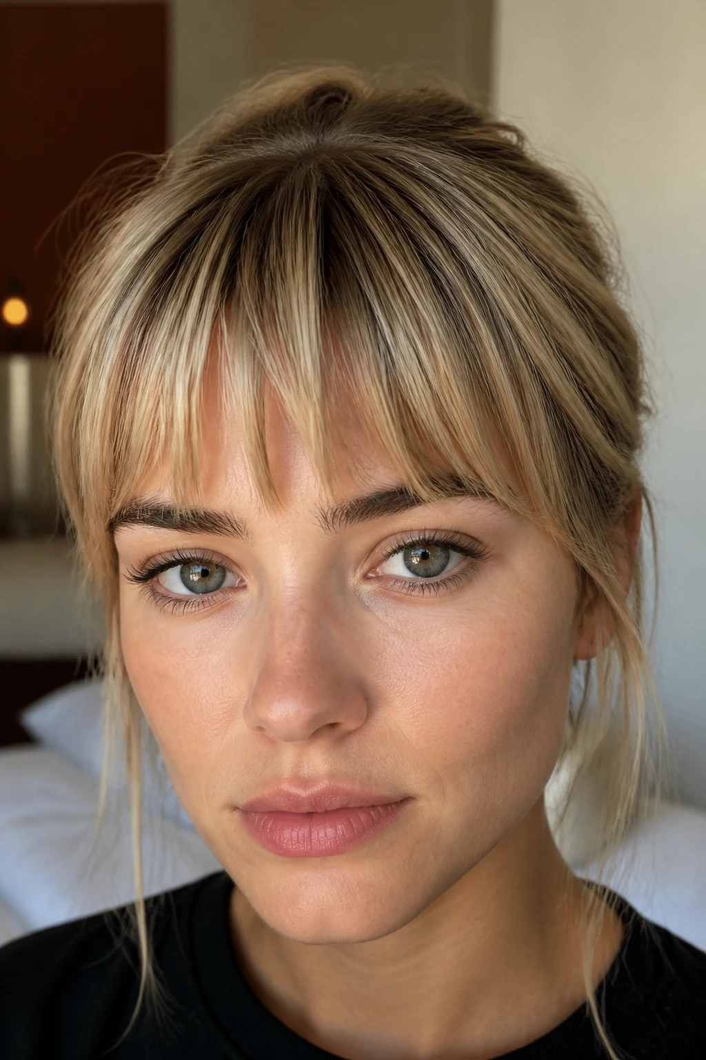 Close-up portrait of a real woman with shorter, broken-edge curtain bangs