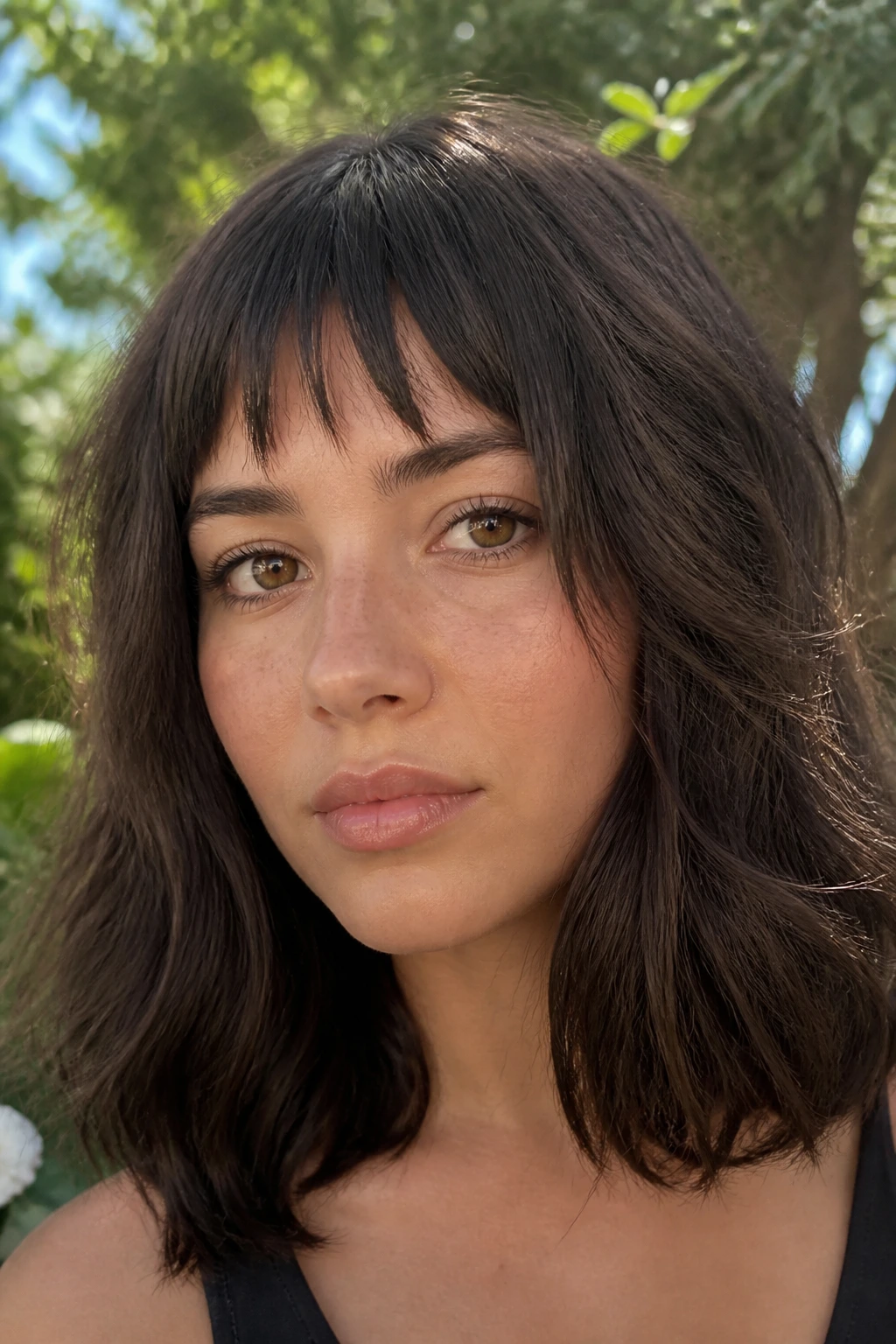 Close-up of a real woman wearing shattered brow bangs across the brow in dappled light