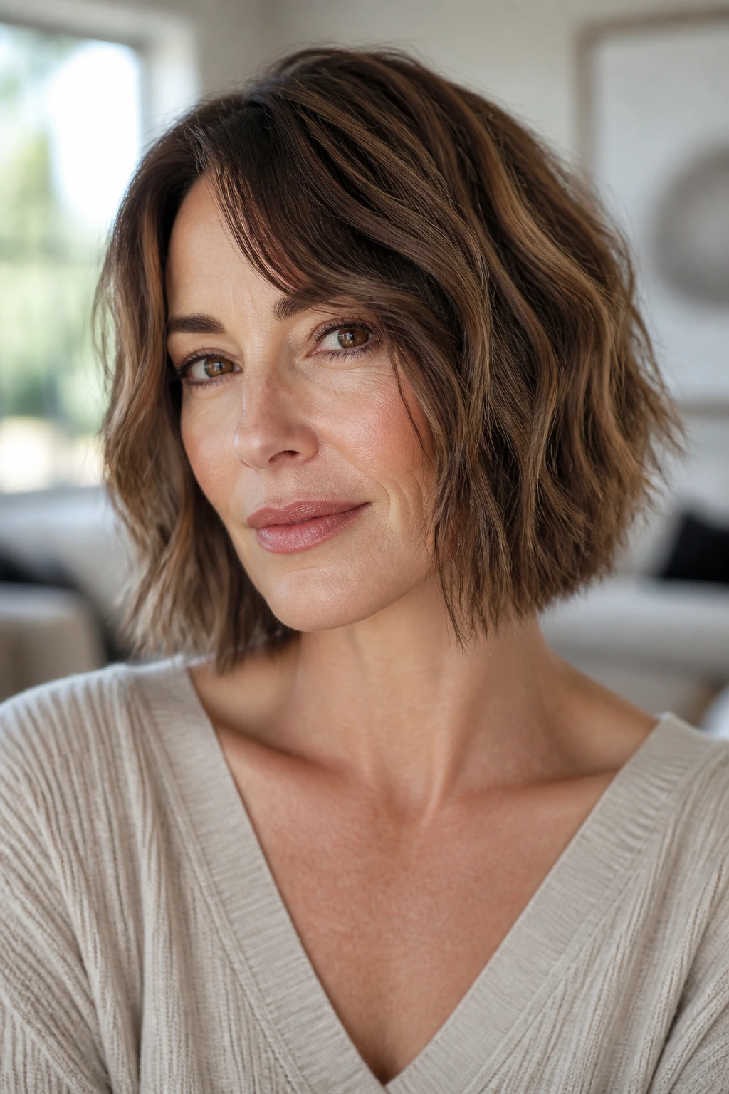 Close-up of a real woman with a shattered blunt bob and textured edges