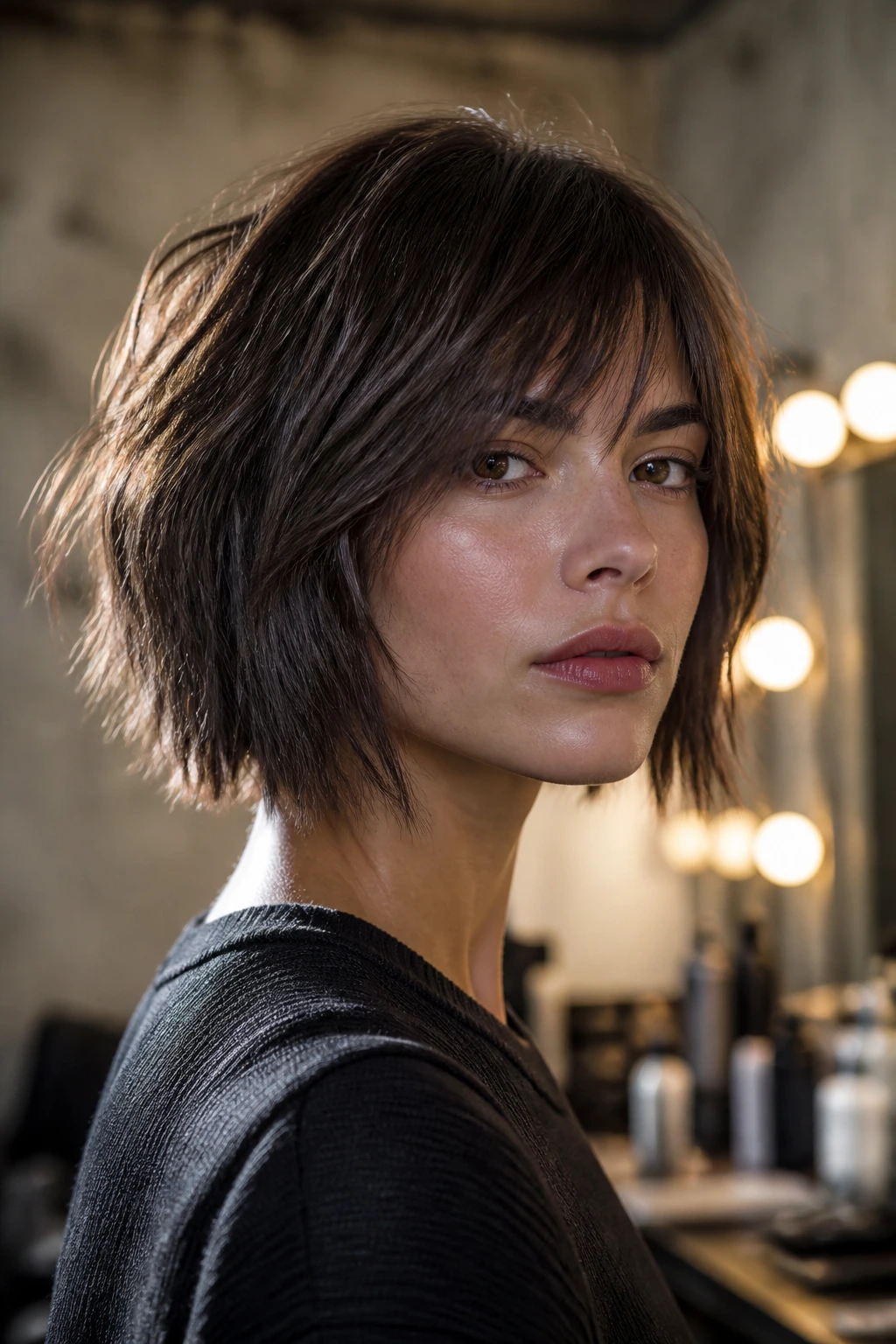 Real woman with shattered bob showing broken ends and texture