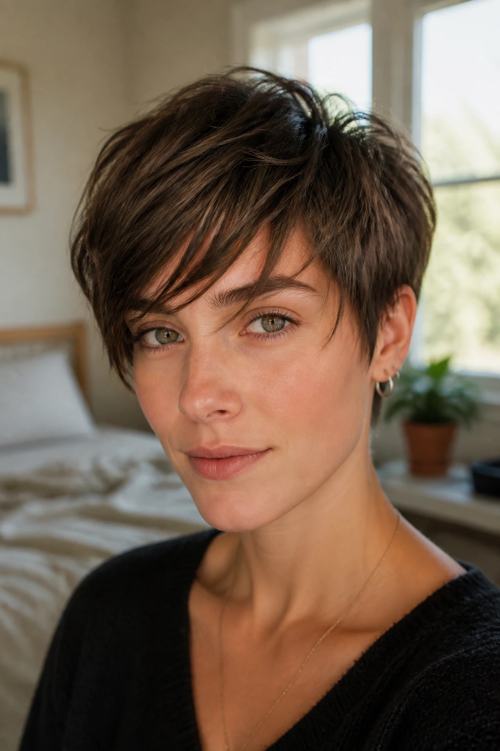 Close-up of a real woman with a shattered crop and airy fringe under soft window light