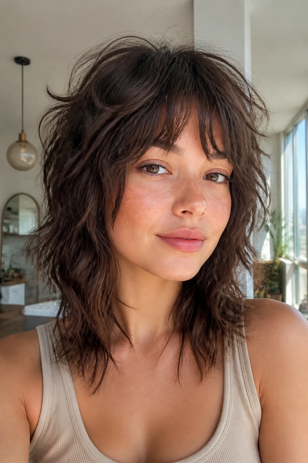 Portrait of a real person with Shattered-Edge Shag showing jagged ends in a textured look.
