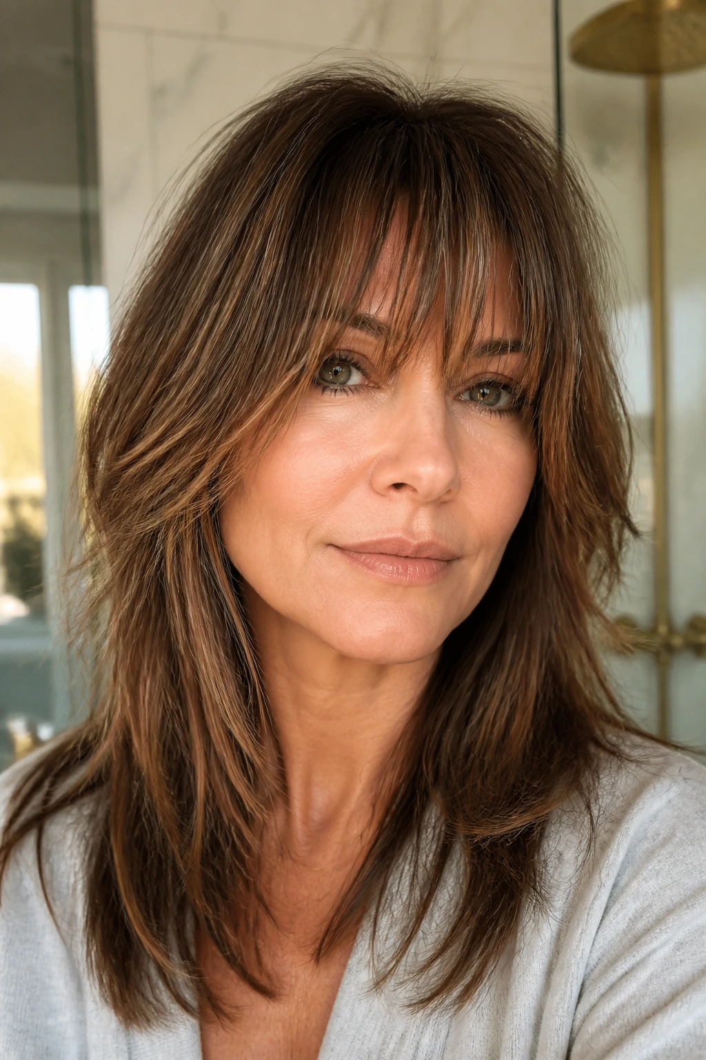 Close-up of a real woman with softly shattered fringe and feathered ends