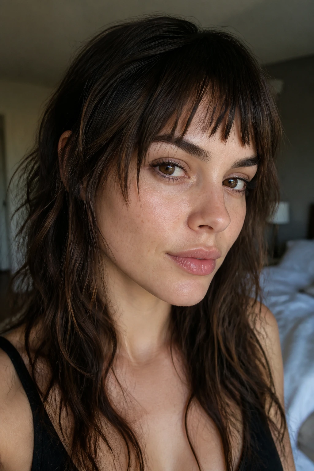 Close-up portrait of a real woman with a brow-length shattered fringe