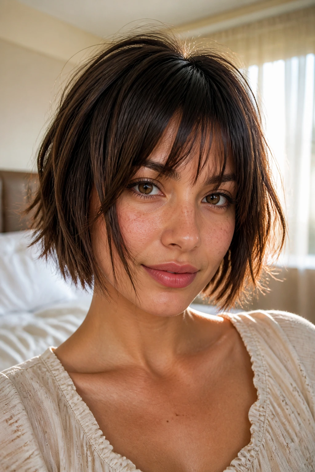 Close-up portrait of a woman with a shattered fringe bob hairstyle in warm morning light