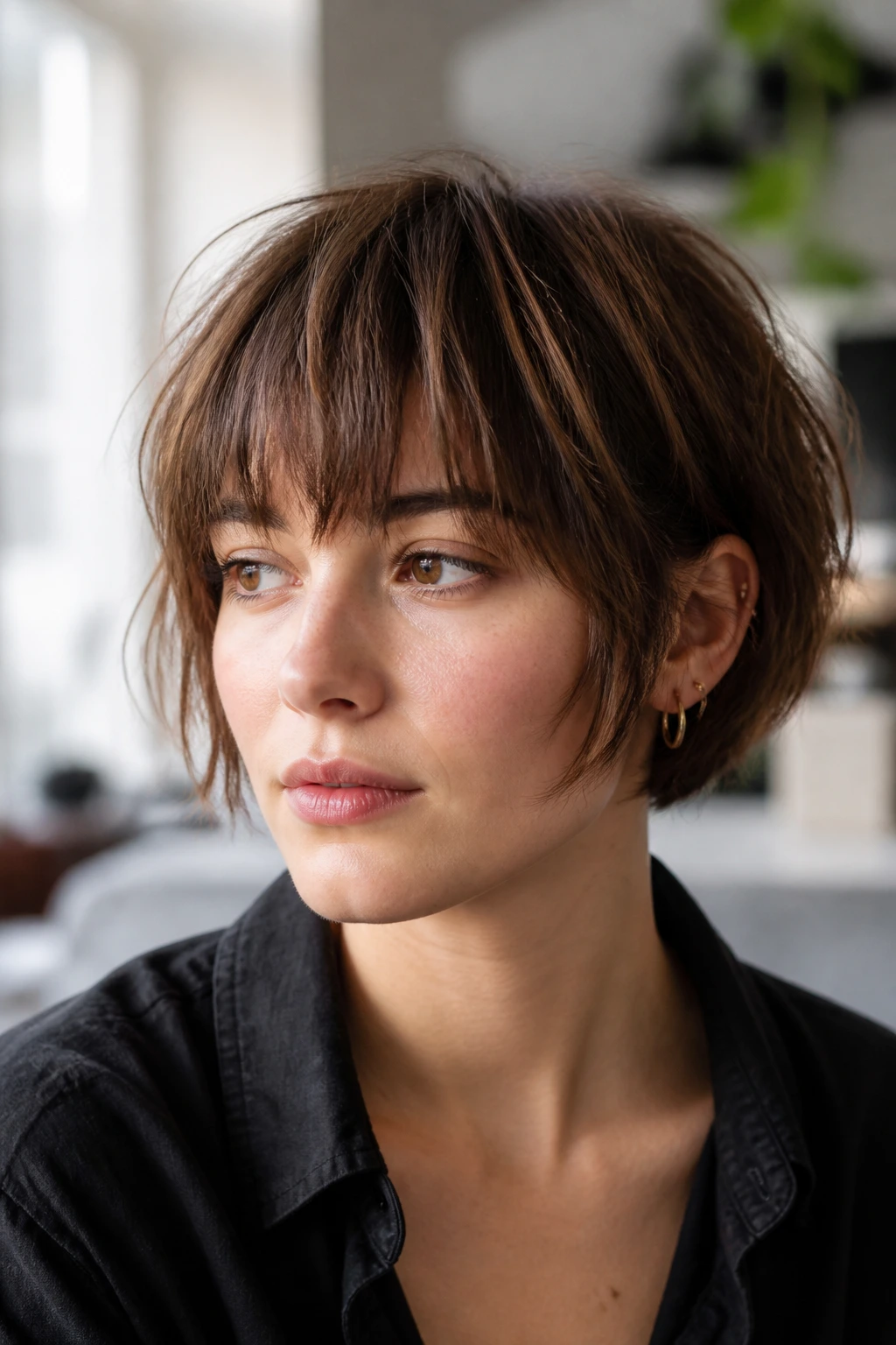 Close-up portrait of a real person with shattered full fringe on an ear-length cut in a bright interior