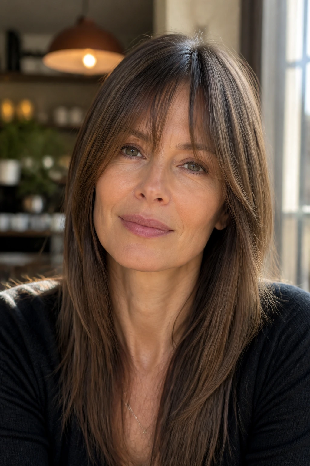 Close-up portrait of a real woman with center bangs and shattered forehead-length layers in cafe light