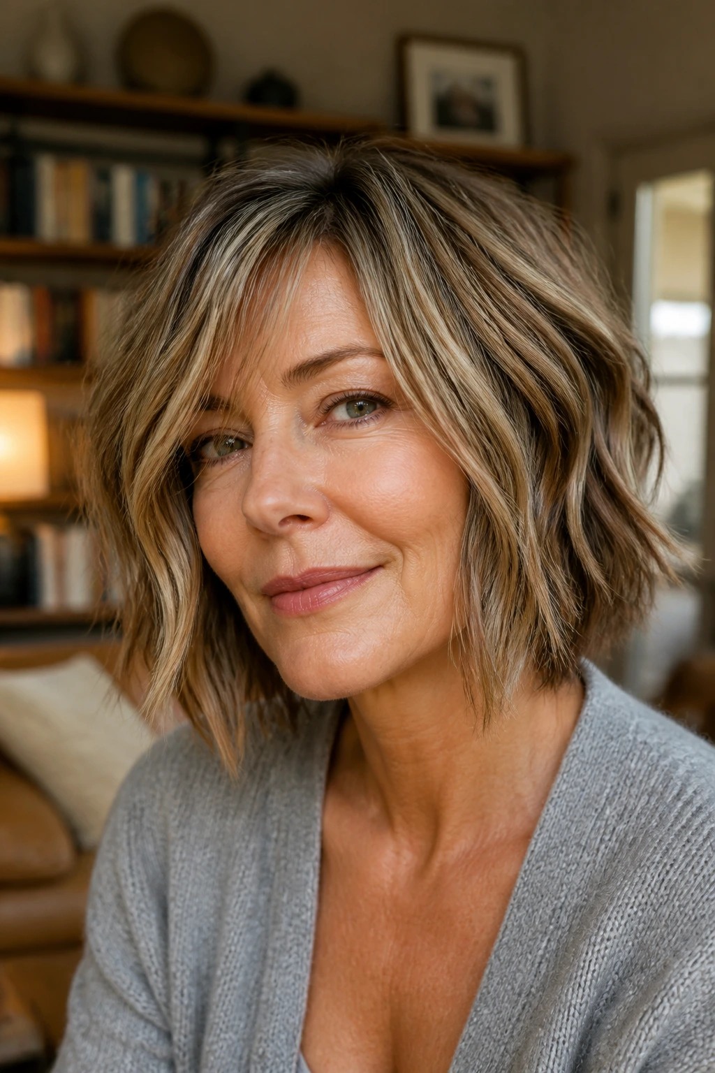 Close-up of a real woman with shattered lob and piecey ends showing textured waves