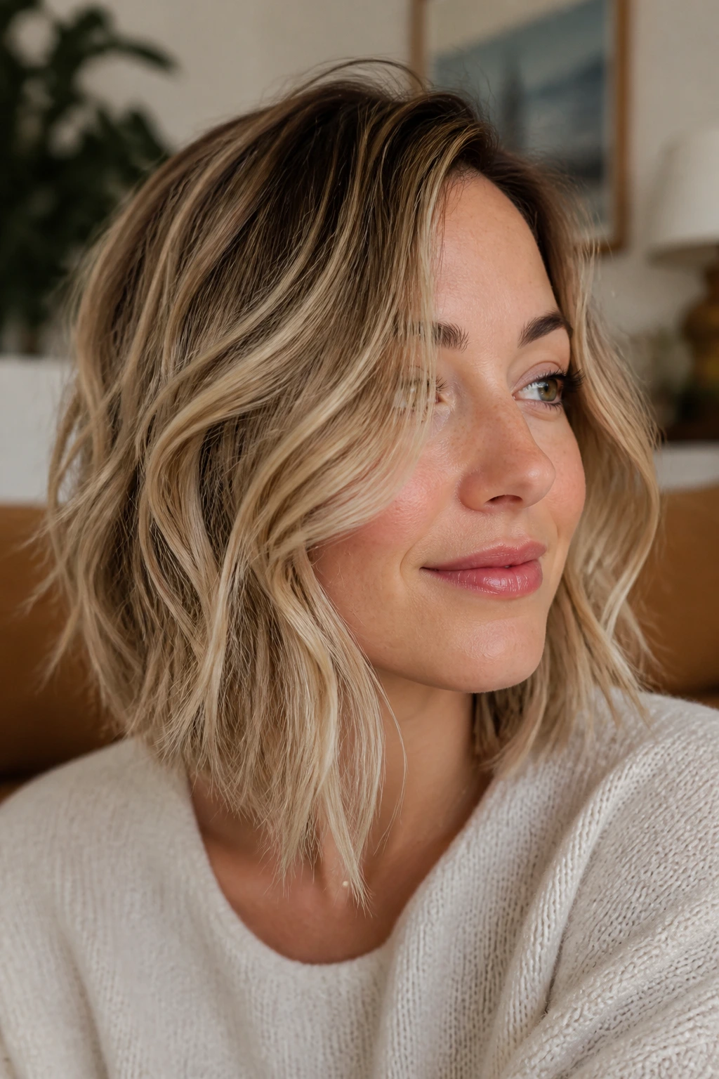 Close-up of real woman with shattered lob and piecey waves