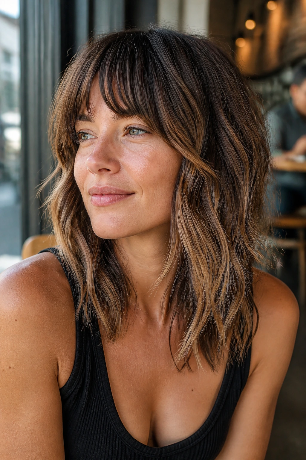 Close-up of a real woman with shattered lob shag and textured ends in cafe daylight.