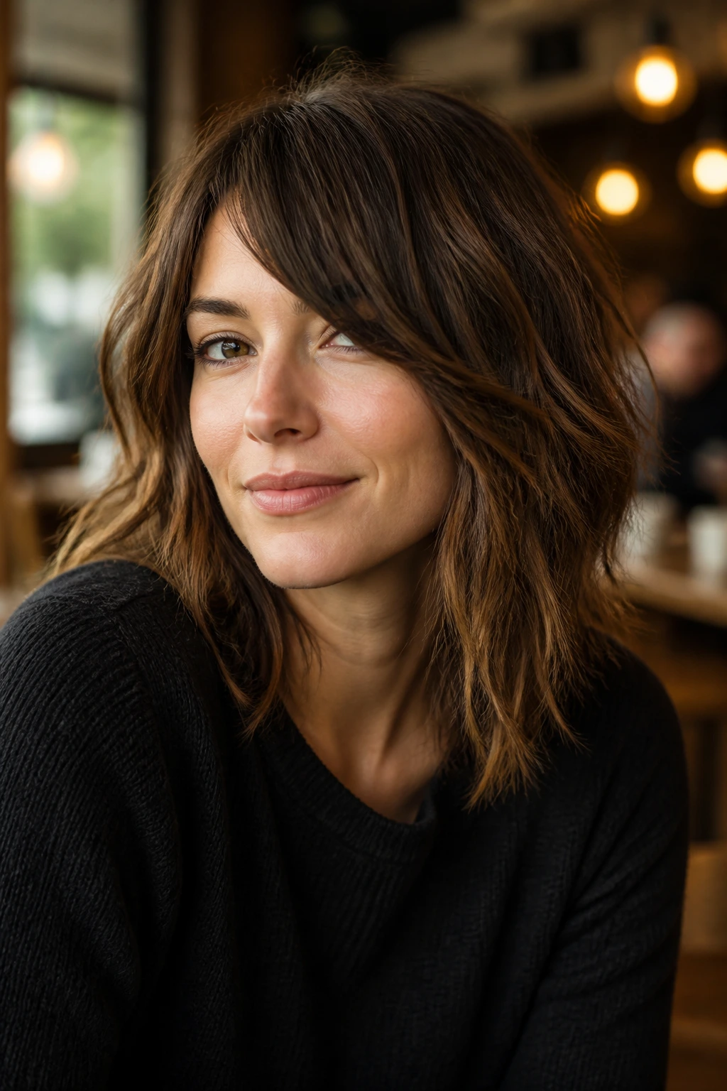 Close-up portrait of a real woman with a shattered lob and side-swept bangs in a coffee shop.