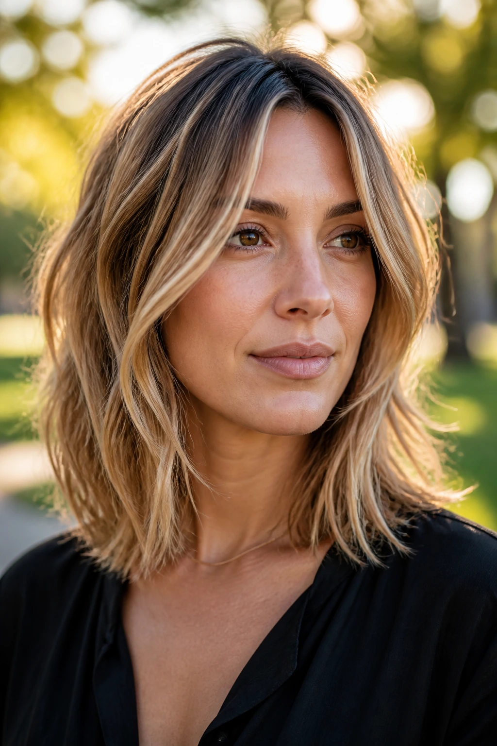 Real woman with shattered lob and soft ends in warm park light.