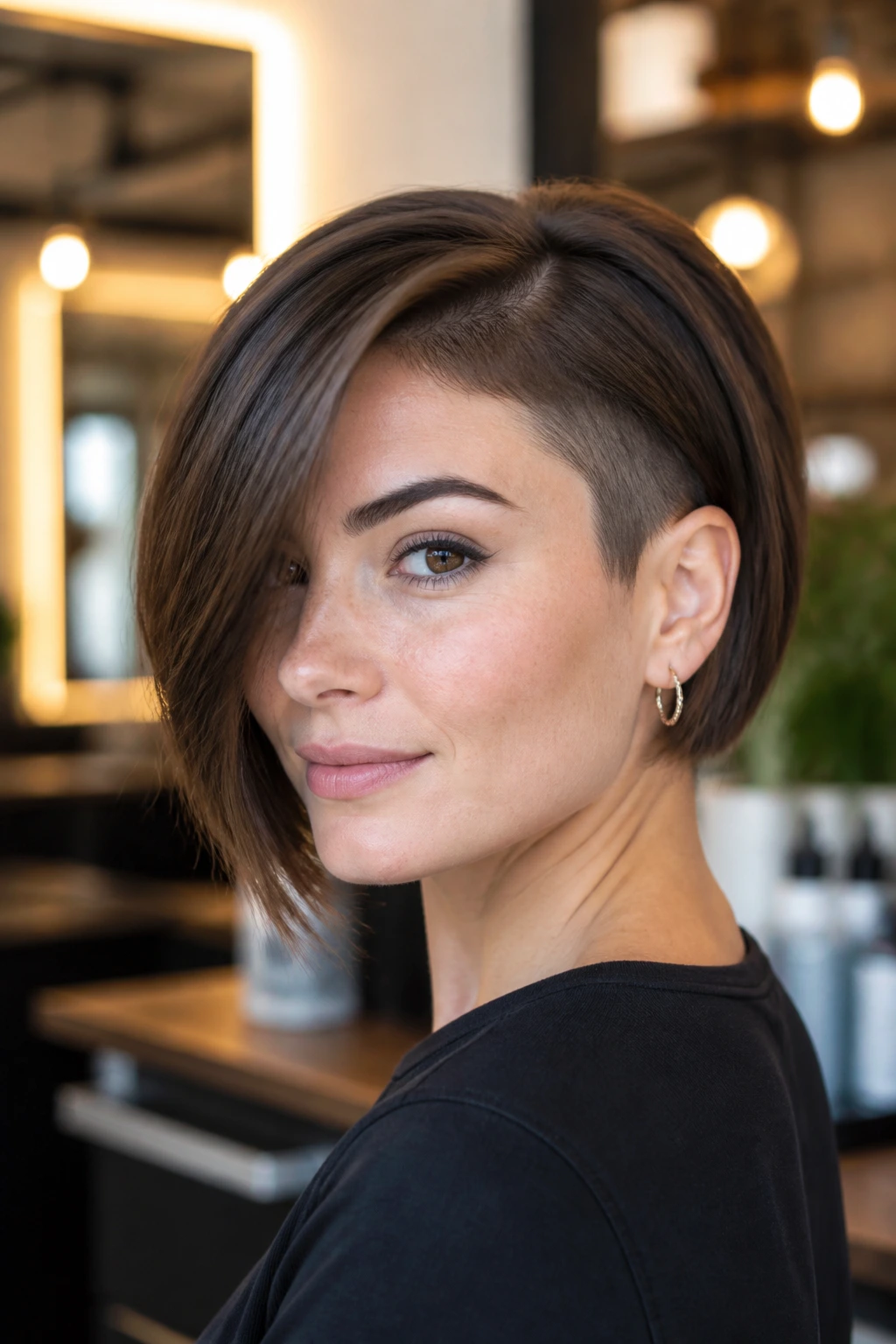 Close-up portrait of a real woman with a low-nape shaved bob in a salon