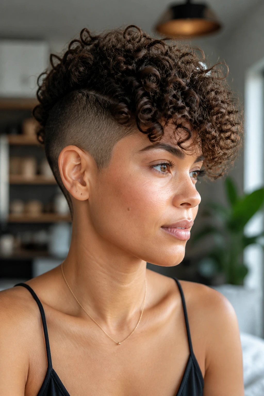 Portrait showing shaved-side shape on thick curls on a real person.