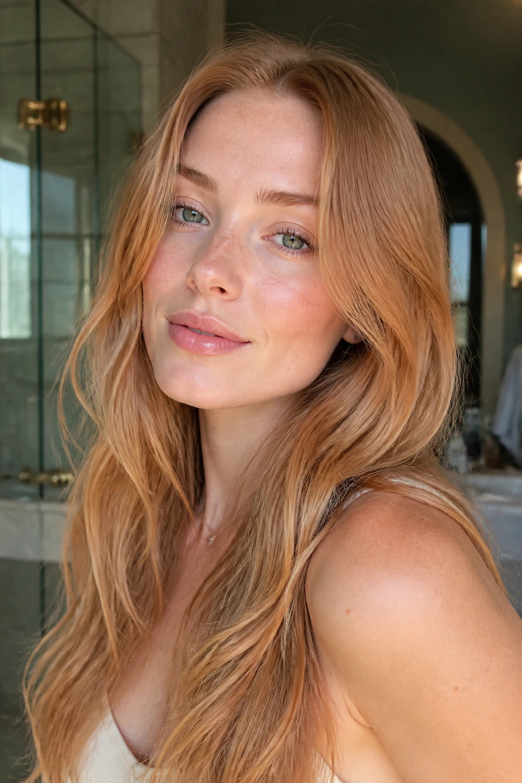 Close-up of a blonde with sheer strawberry gloss creating a soft peachy glow