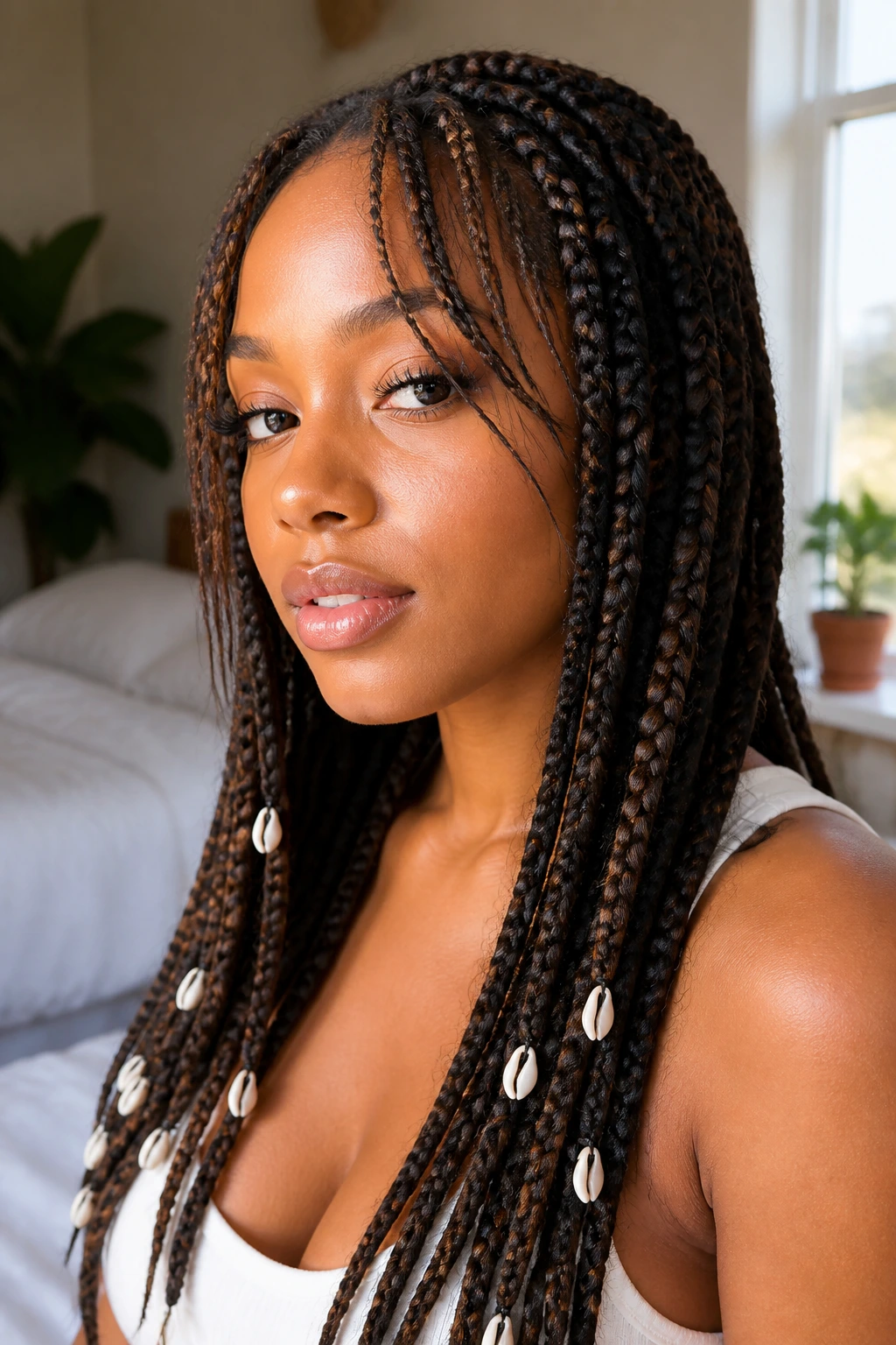 Close-up of shell-accent braids with a soft fringe framing the face