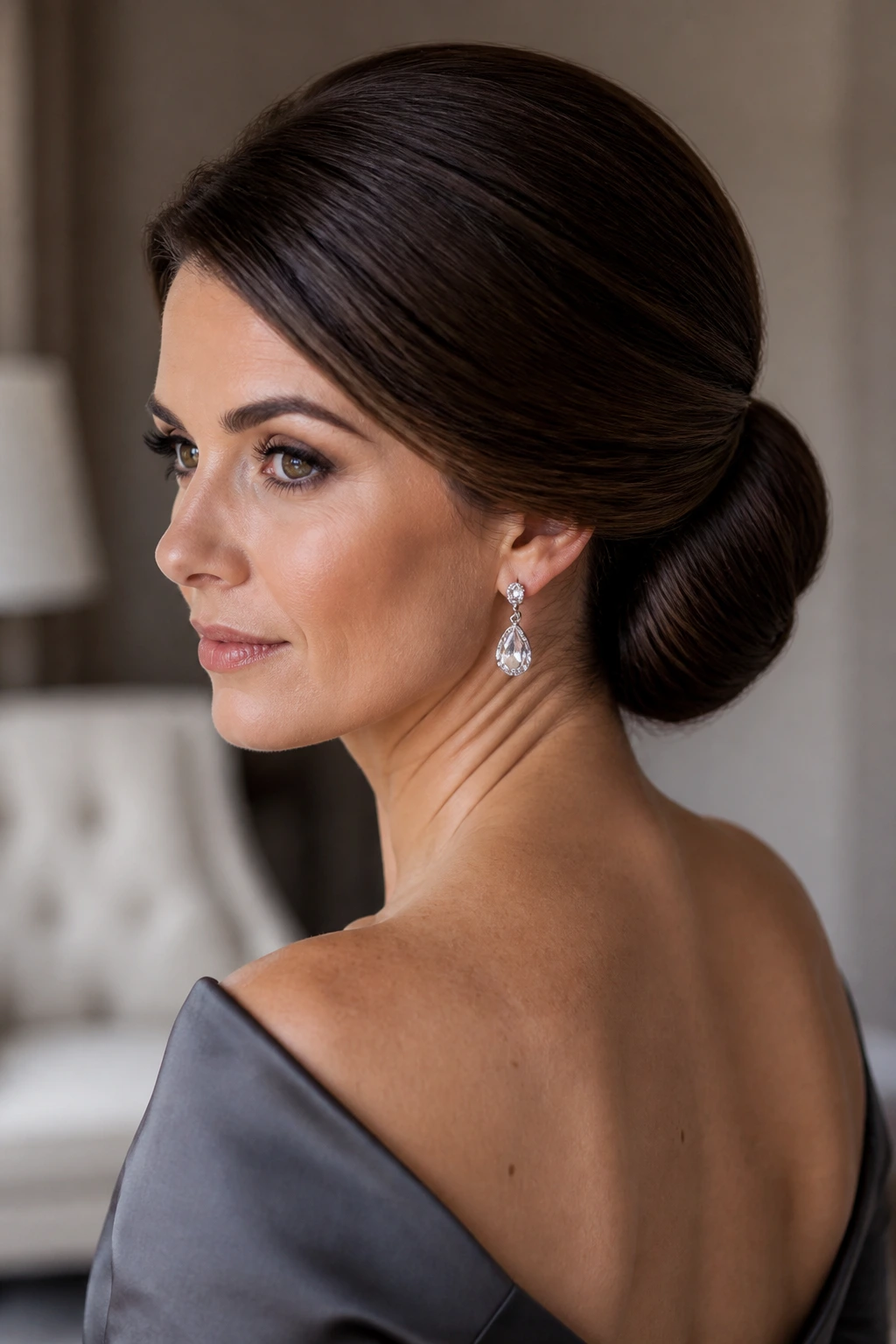 Close-up of a real woman with a shell bun and smooth edges in a bridal prep room