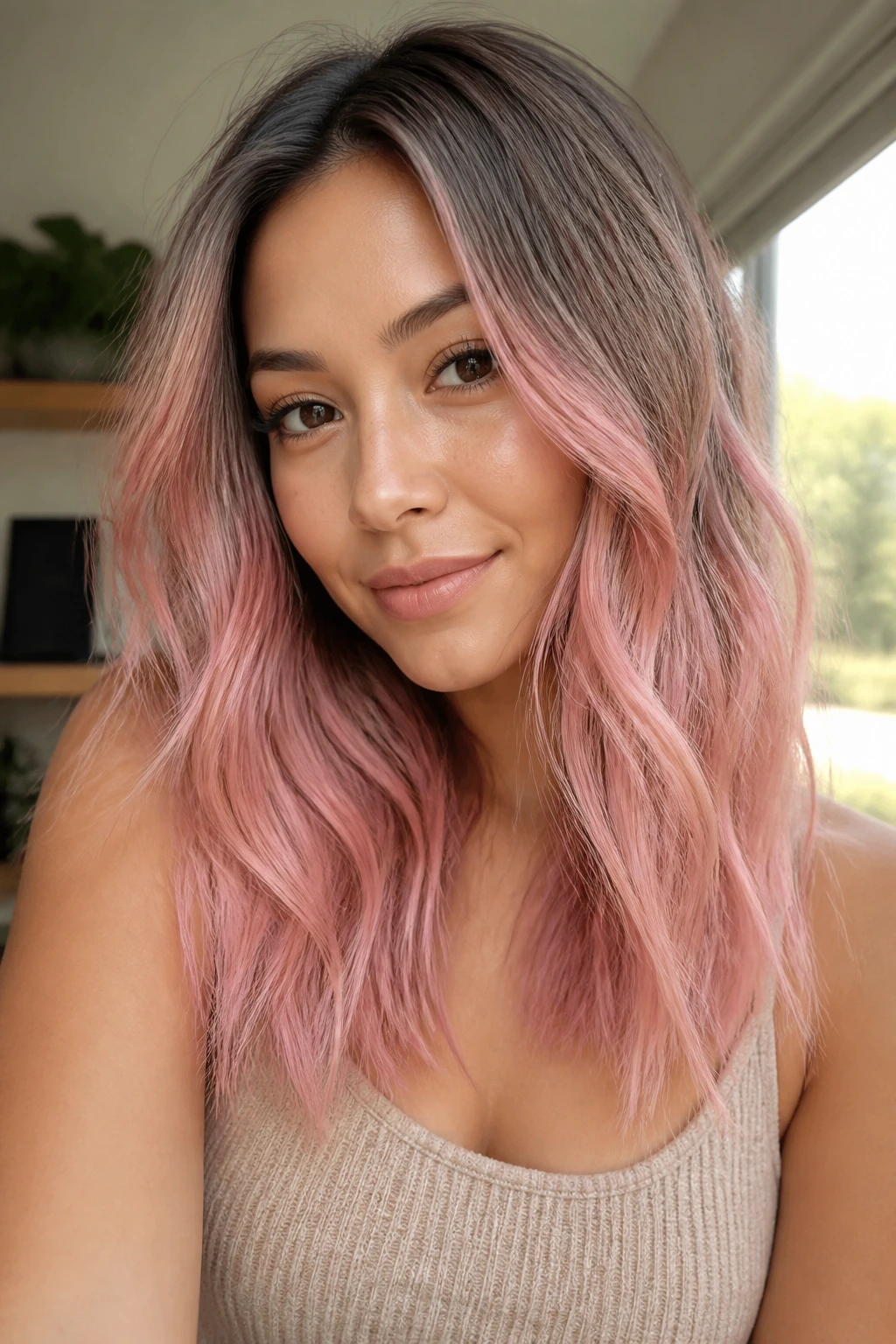 Real woman with shell pink sombre hair in natural light