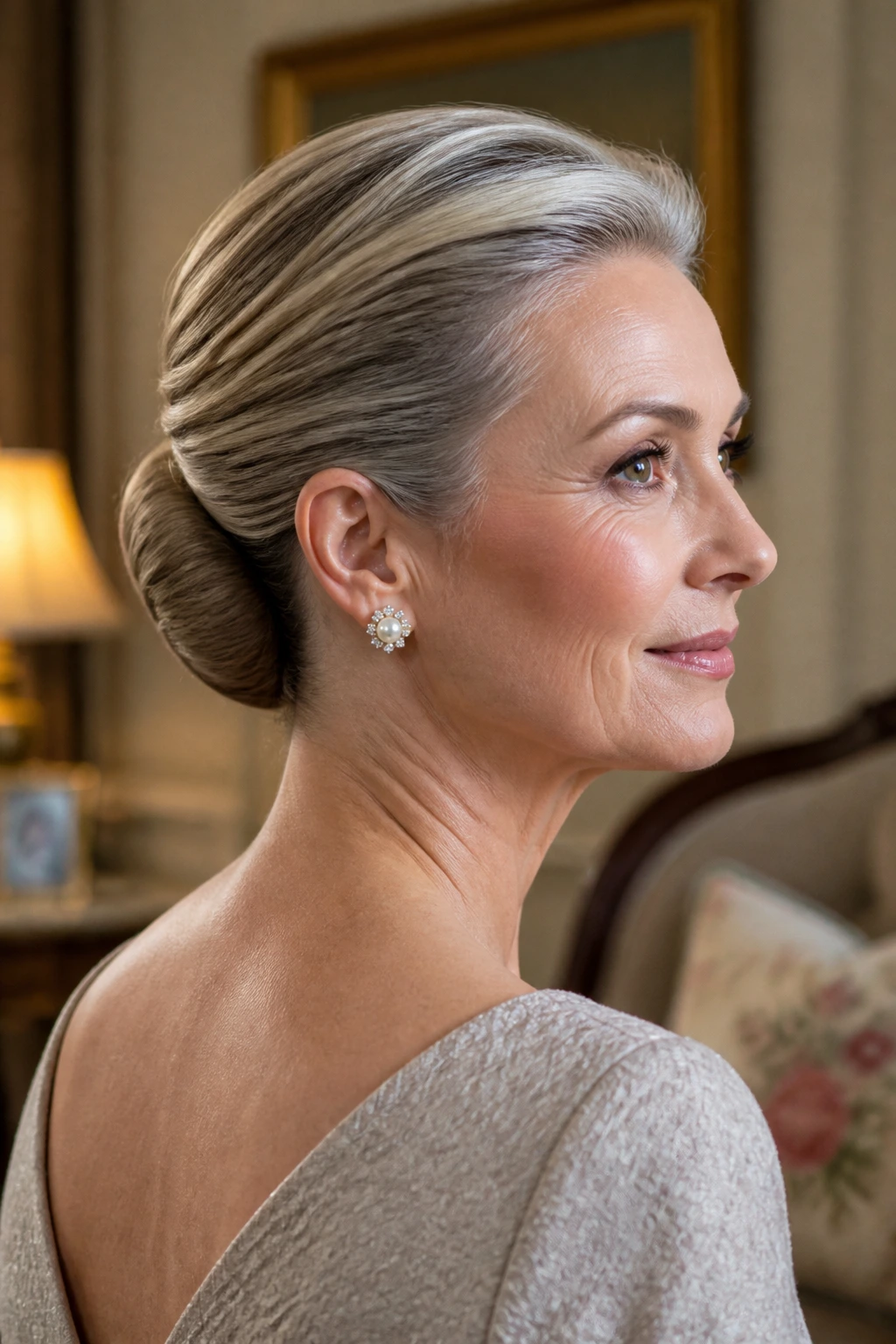 Close-up of a real woman with a smooth shell tuck hairstyle