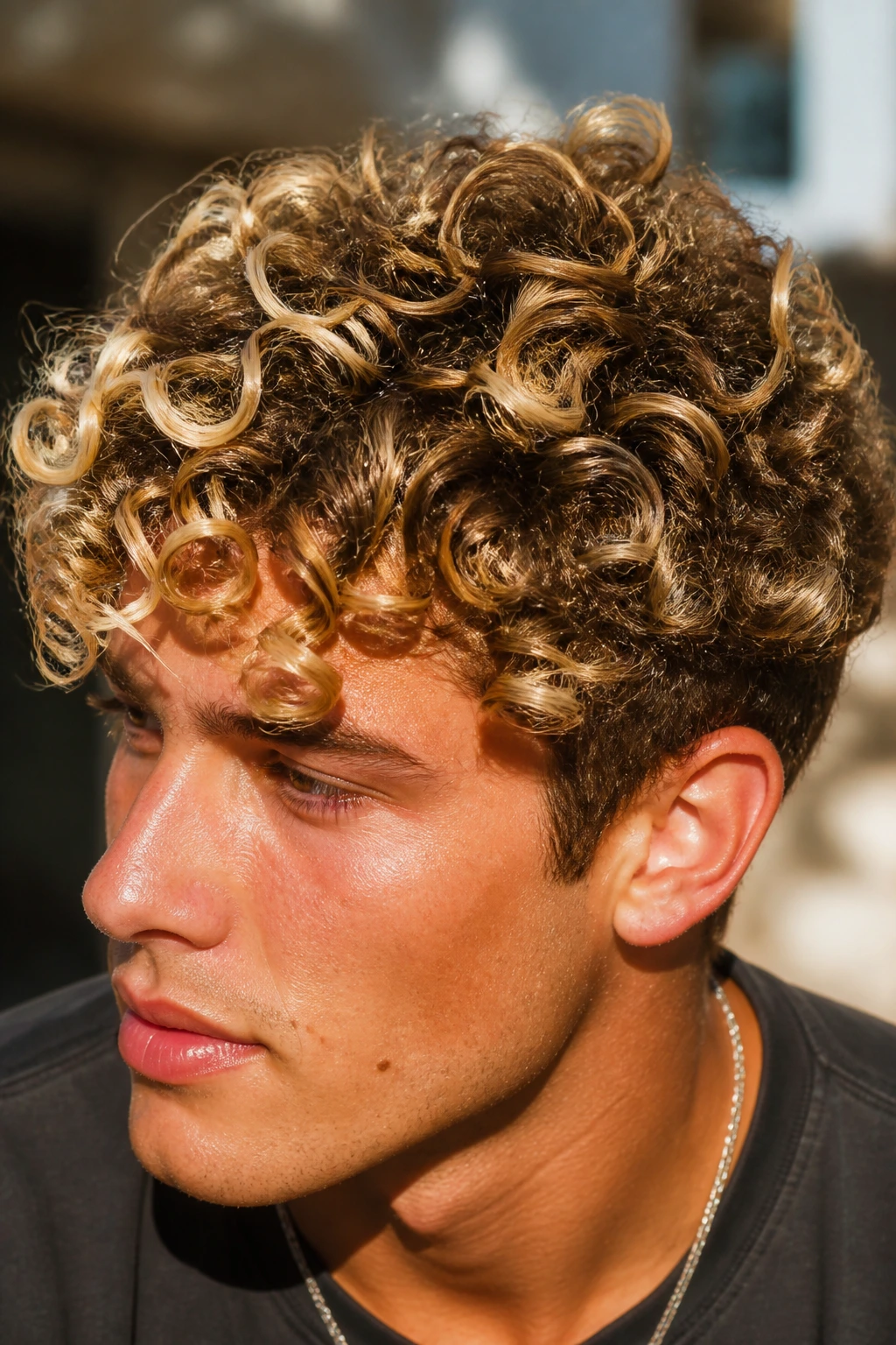 Close-up of glossy dimensional blonde curls on a real person