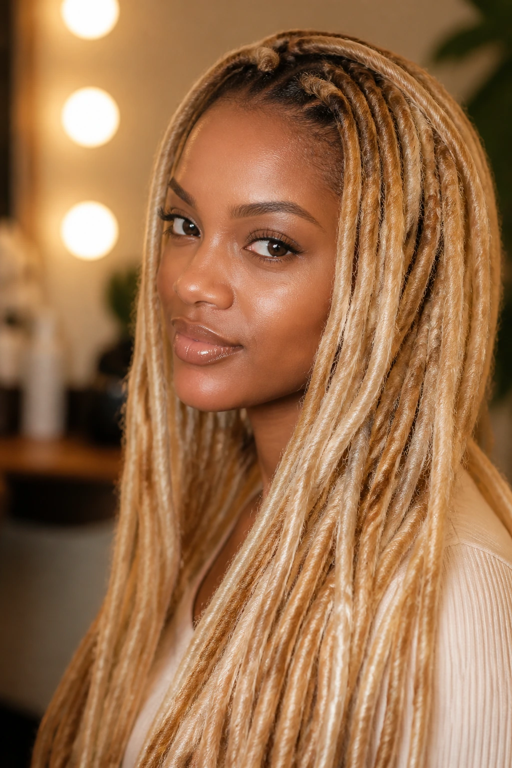 Close-up of shiny blonde locs with glossy ends on a real person