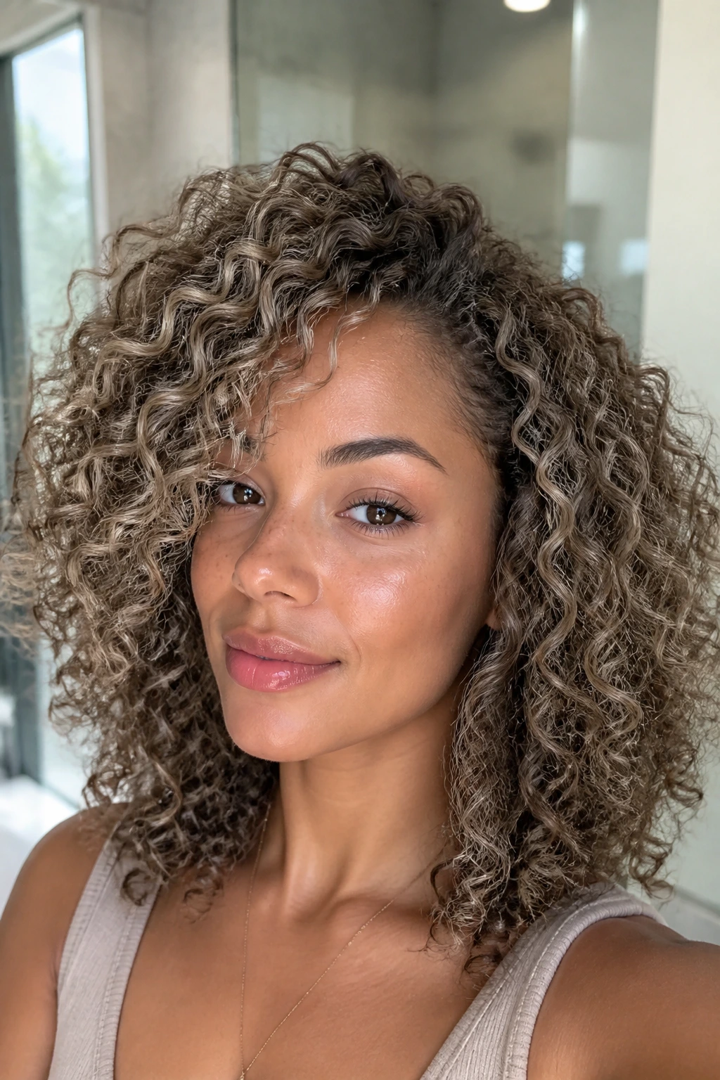 Real woman with glossy ash-toned curls showing shine and cool tone