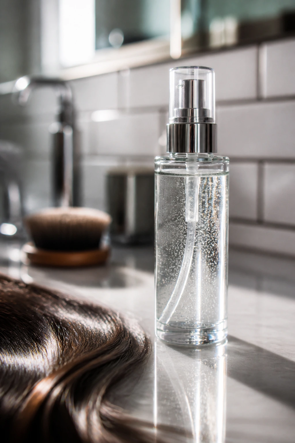 Gloss bottle reflecting light on a bathroom counter