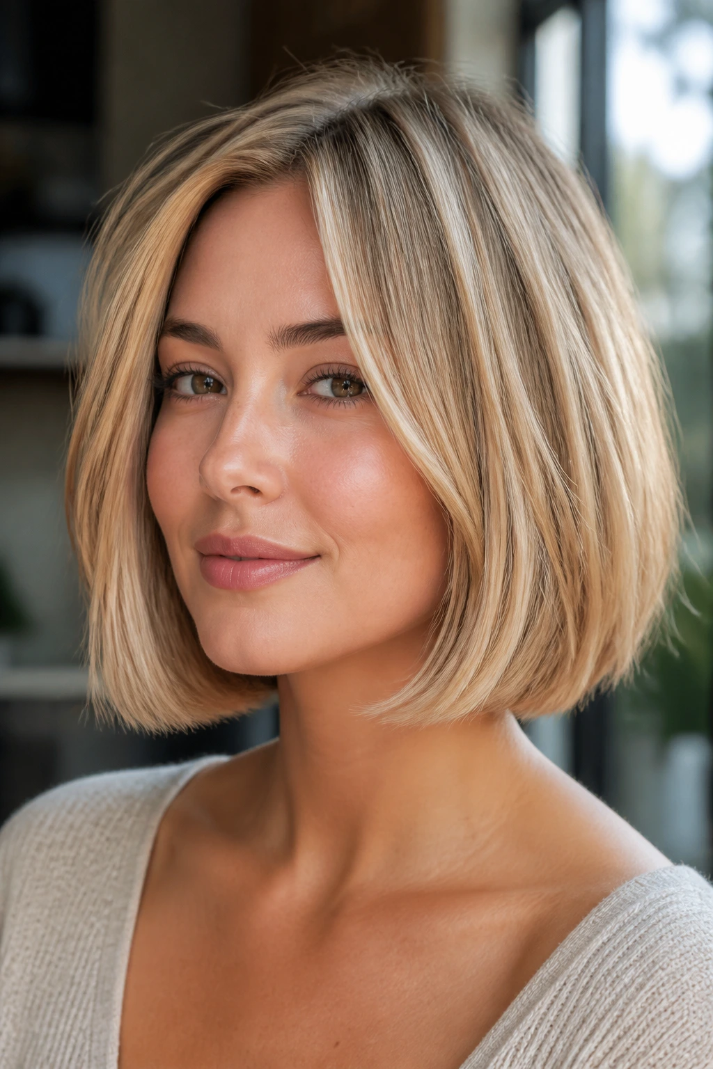 Close-up portrait of a woman with a glossy blonde bob under warm salon light