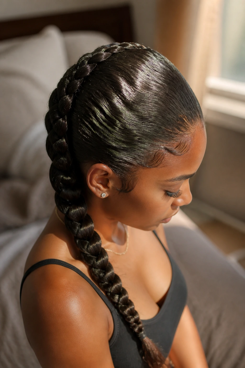 Close-up of glossy braid with shine along the length