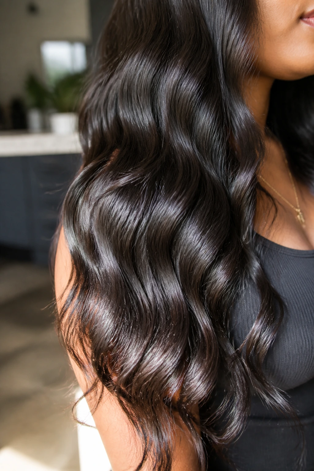 Hair mid-lengths with glossy shine close-up