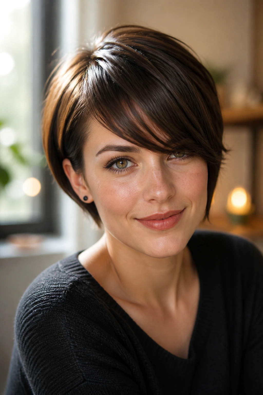 Portrait of a real woman with glossy short hair and diagonal side-swept bangs.