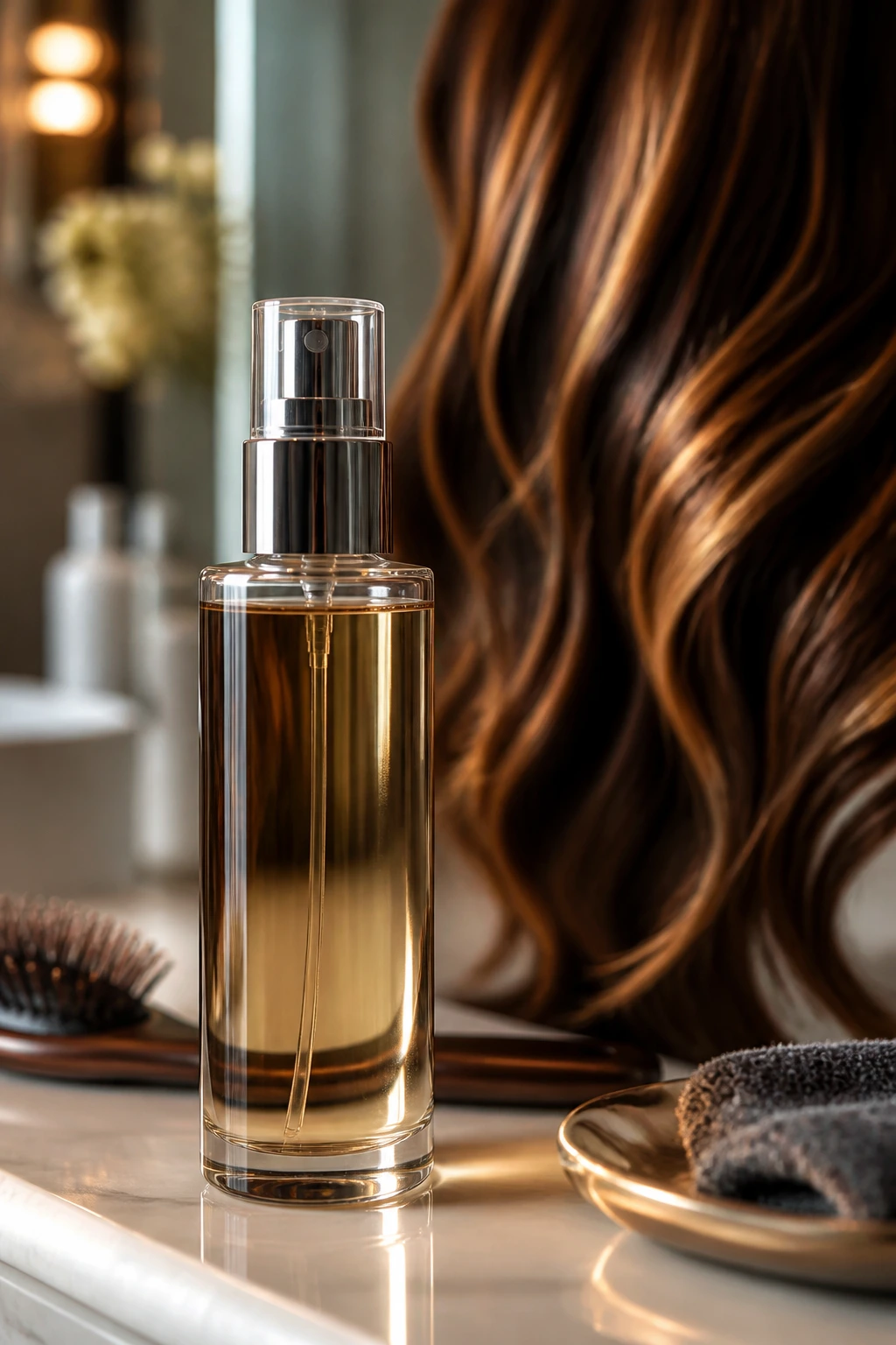 Shine spray bottle on vanity with hair showing caramel highlights in background