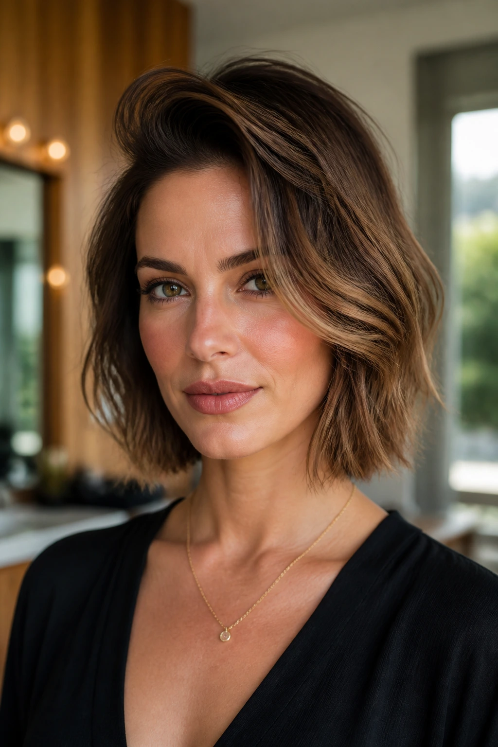 Finished glossy hairstyle portrait showing texture and shine