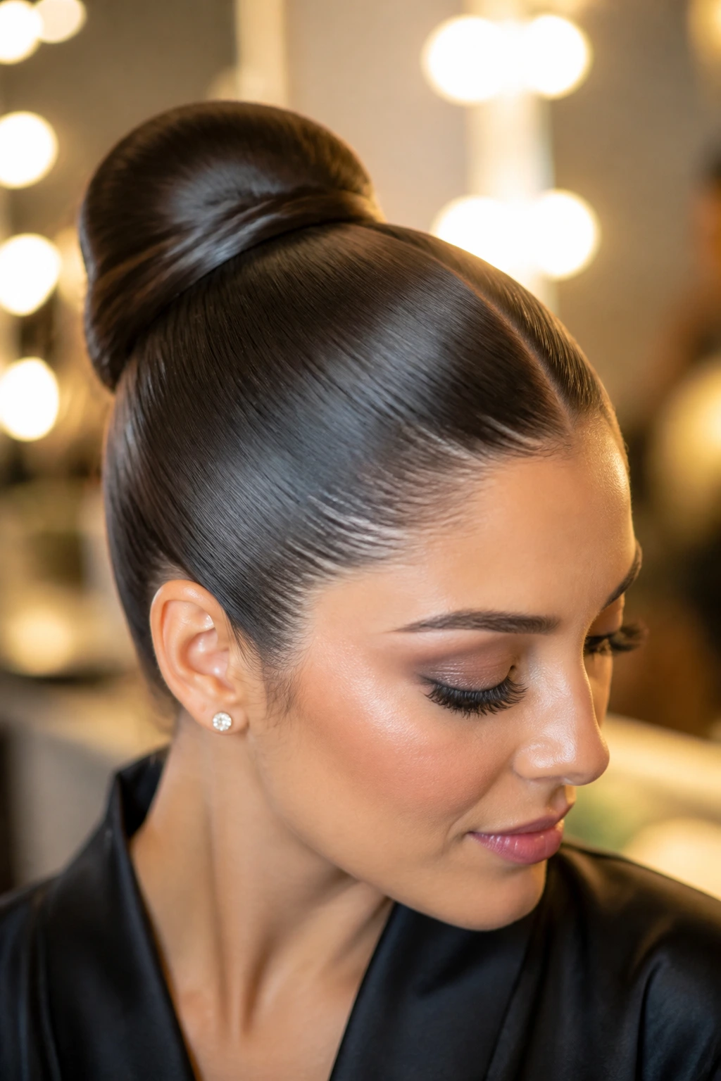 Close-up of glossy sleek hair with soft shine, no crunch