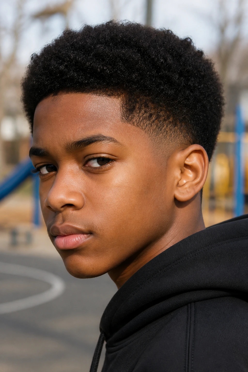 Close-up portrait of a real boy with short afro taper and thick coily hair