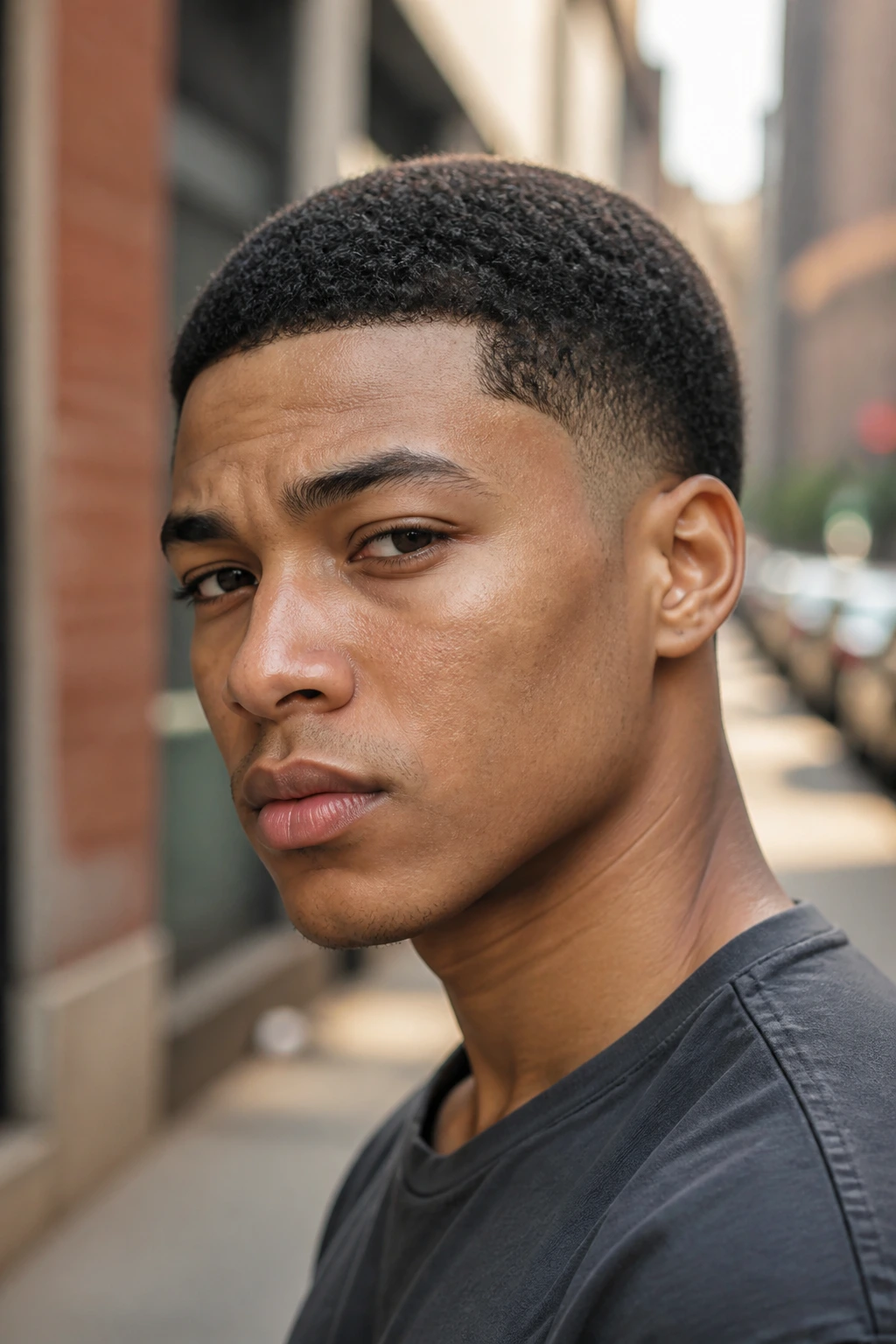 Close-up portrait of a man with short afro buzz and temple taper