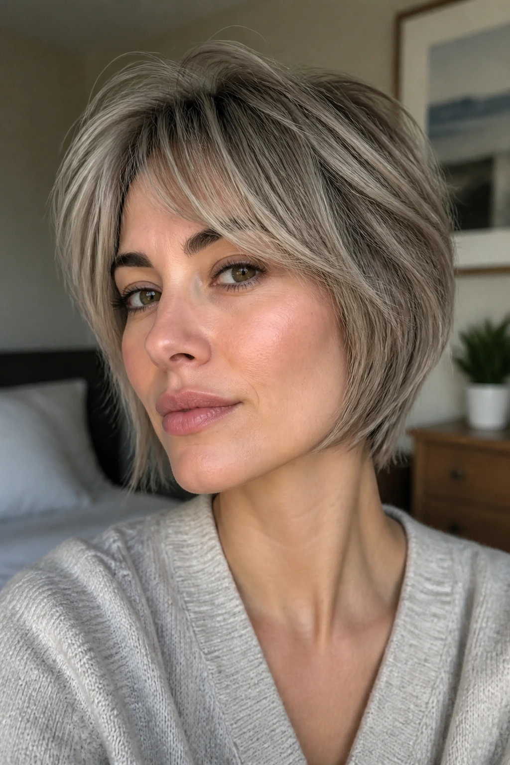 Close-up portrait of a person with short ash cuts highlighting jaw framing and fringe