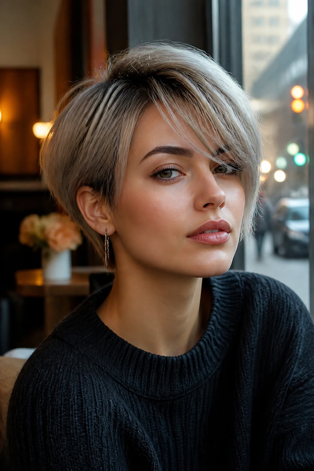 Close-up portrait of a real person with a short ash bob and side-swept fringe in soft natural light.