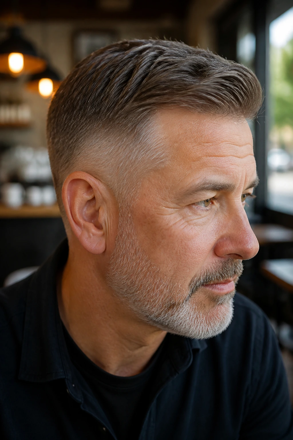 Portrait of man with short back and sides hairstyle.