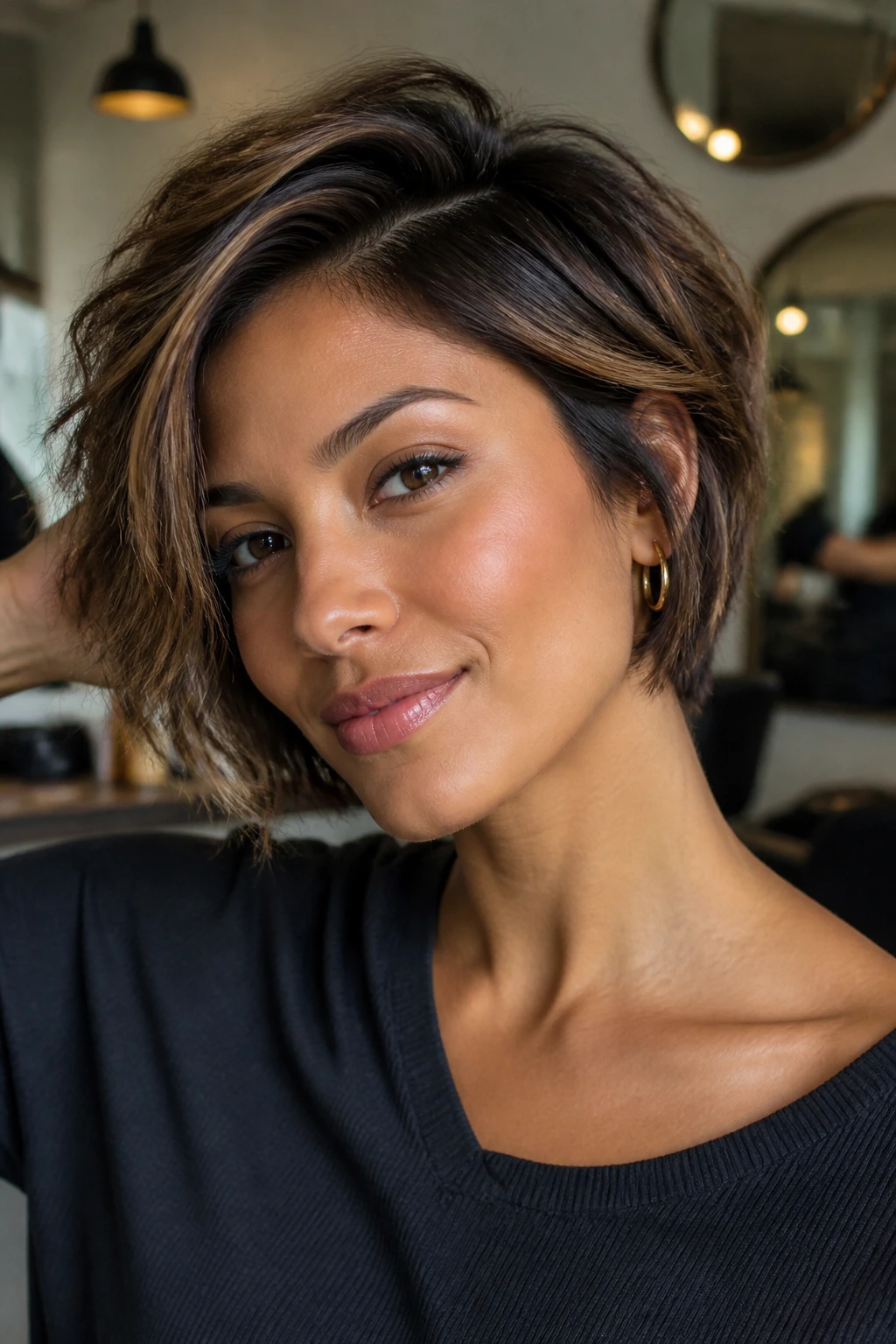 Close-up of short balayage hairstyle showing warm ribbons in a real person under soft salon lighting