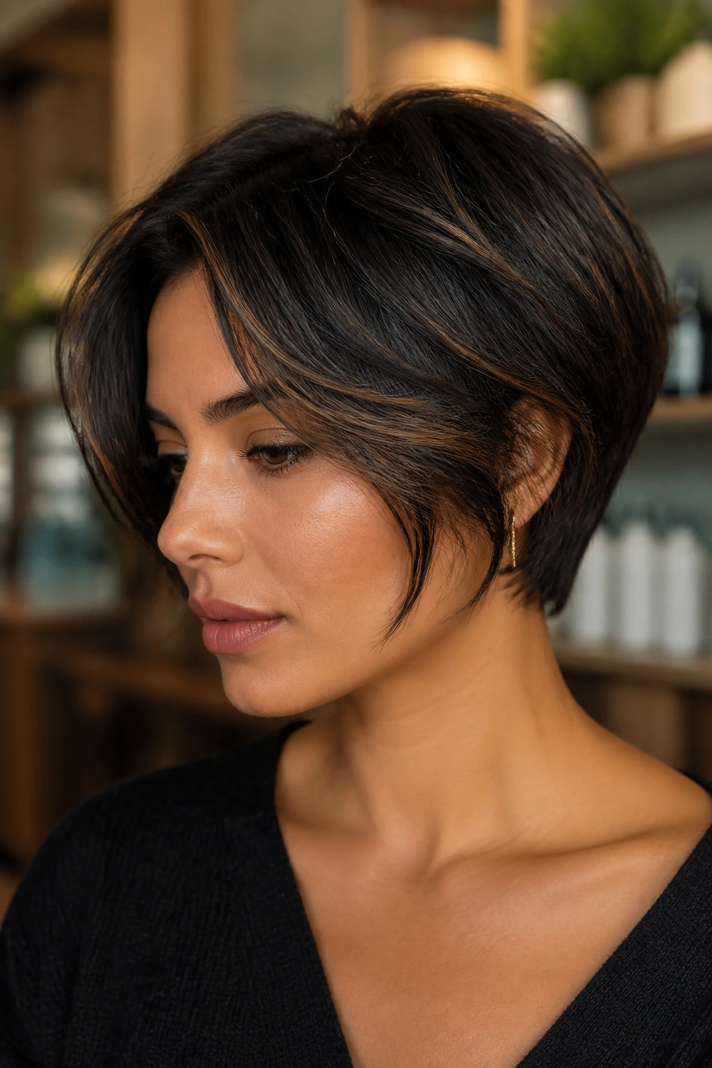 Close-up of short espresso balayage showing depth and shine