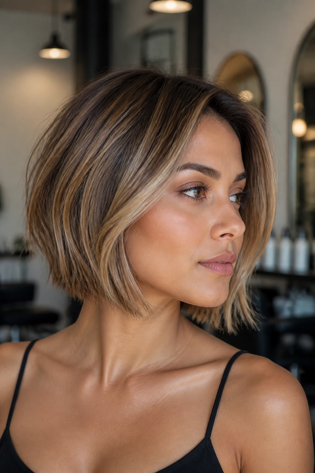 Close-up portrait of a real woman with short balayage on a bob.