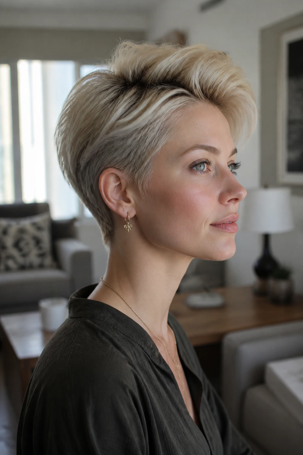 Real woman with short blonde cut showing crown height for vertical elongation