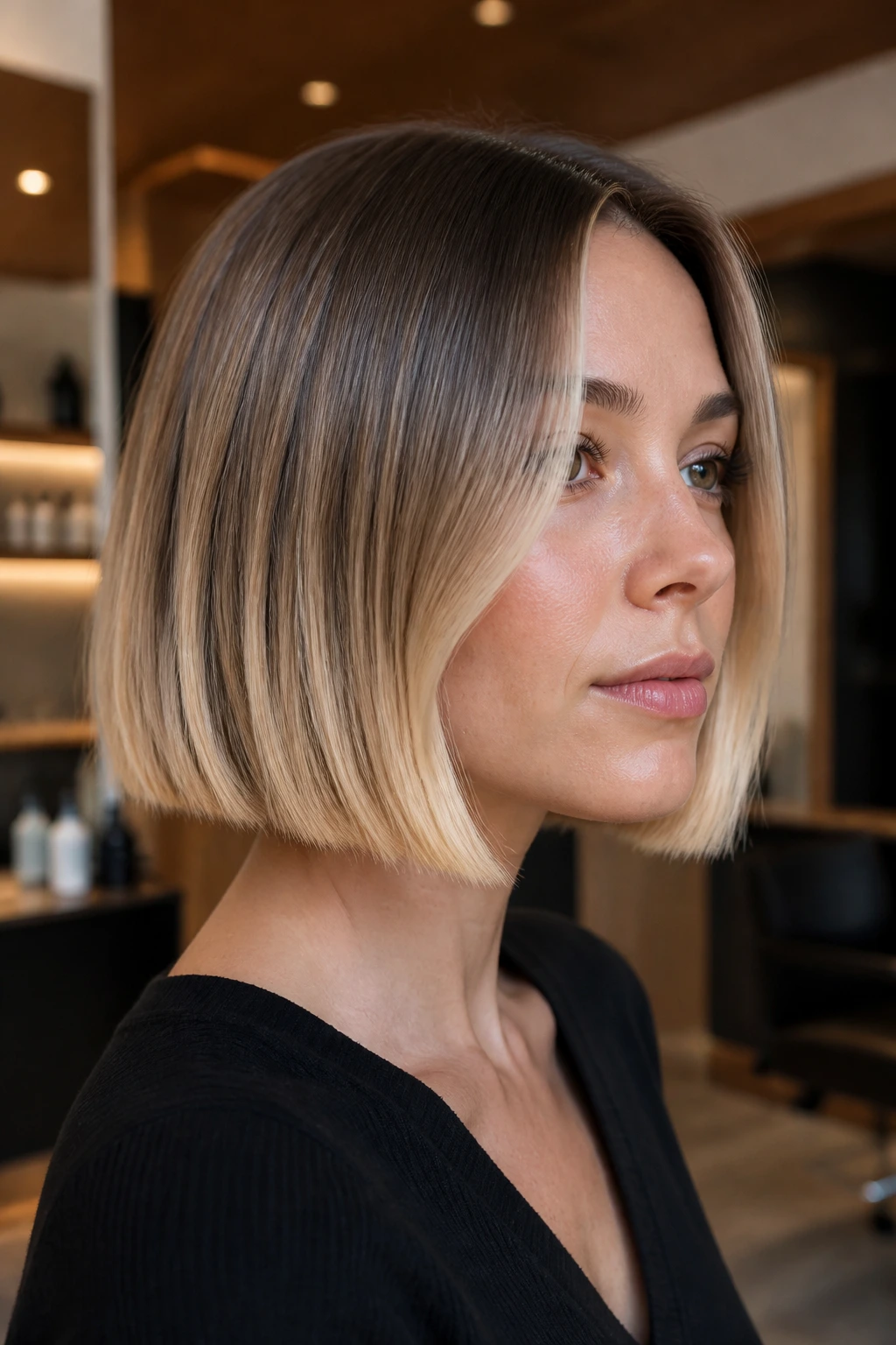 Portrait of a real person with almond-gold ends on a short bob